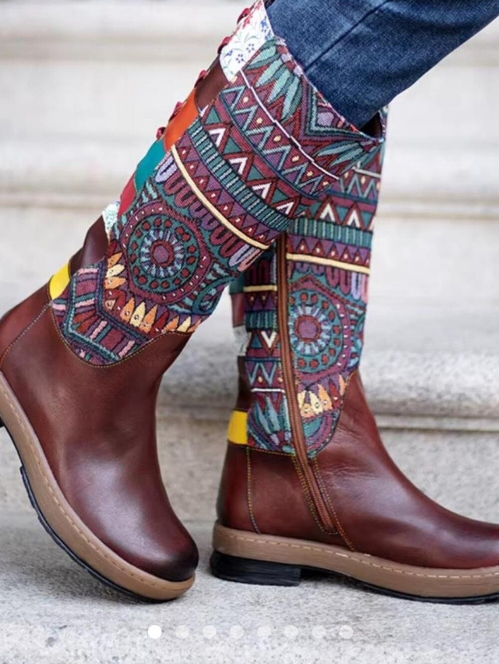 Socofy 42/10.5 Cordovan Leather Boho Patterned Tapestry *repaired* Boots